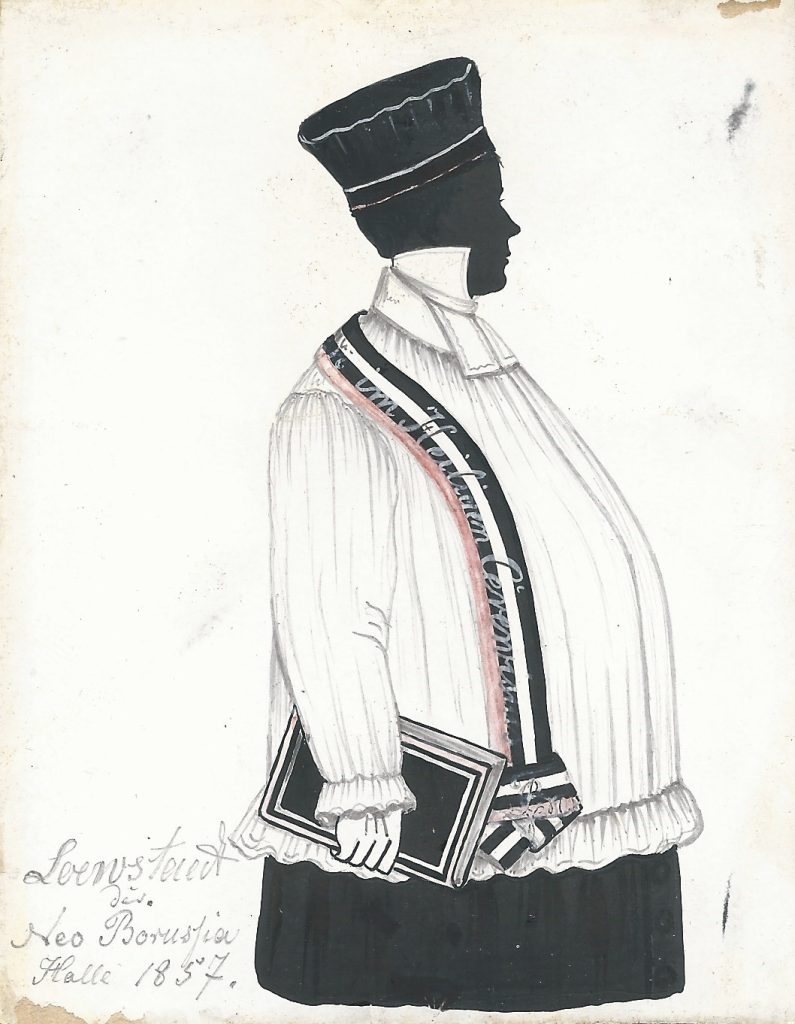 Loewstaedt, dessen Vorname uns bislang unbekannt ist, war Silhouetteur, Portraitmaler und Malermeister zunächst in Greifswald und später in Halle. Er scheint besonders zur Neoborussia in Halle ein enges Verhältnis gepflegt zu haben, da er deren Kneipe mehrere außergewöhnliche Silhouetten dedizierte. Diese zeigt ihn selbst in einem Pastorenrock mit weißem Talar, rosa-schwarz-weiß-schwarzer Stola und hoher schwarzer Mütze ohne Schirm. Die Stola ist mit „im Heiligen Cerevisius“ beschriftet. In der Hand hält er ein Buch, das mit den Farben der Neoborussia eingefasst ist. Außerdem ist die Silhouette mit der Widmung "Loewstaedt der Neo Borussia Halle 1857." versehen. Die Darstellung spielt eindeutig auf die damals üblichen sogenannten Biertaufen an, bei denen neue Füchse mit Gläsern voller Bier überschüttet wurden. Archiv des Corps Saxonia Konstanz