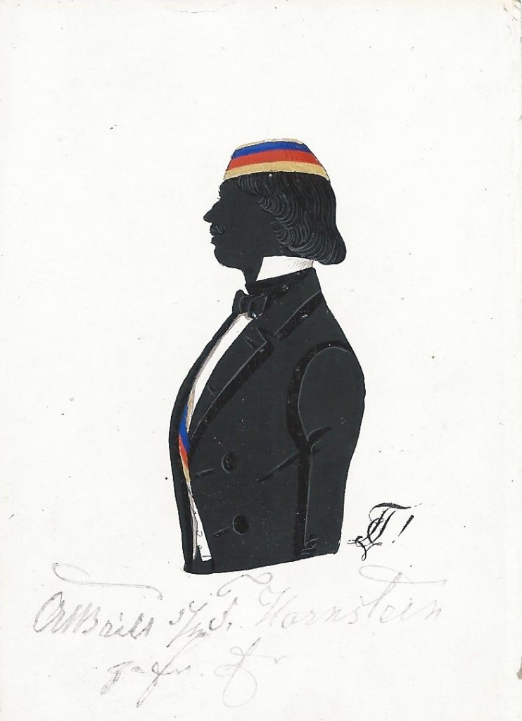 Carl Brill wurde am 24. Dezember 1830 in Bergen (Kreis Hanau) geboren. Sein Vater war Apotheker und auch Brill wurde Pharmaziestudent. Als solcher schloss er sich dem Corps Teutonia in Marburg an und wurde am 1. August 1855 recipiert. Von 1857 bis 1864 war er als Apotheker in den Vereinigten Staaten tätig, kehrte dann in seine Heimat zurück und war Apothekenbesitzer in Heina. Dort starb er am 28. November 1892. Die Silhouette ist gewidmet "A?Brill s/m F. Kornstein z. fr. Er." Sammlung Robert Soppa Saxoniae Konstanz