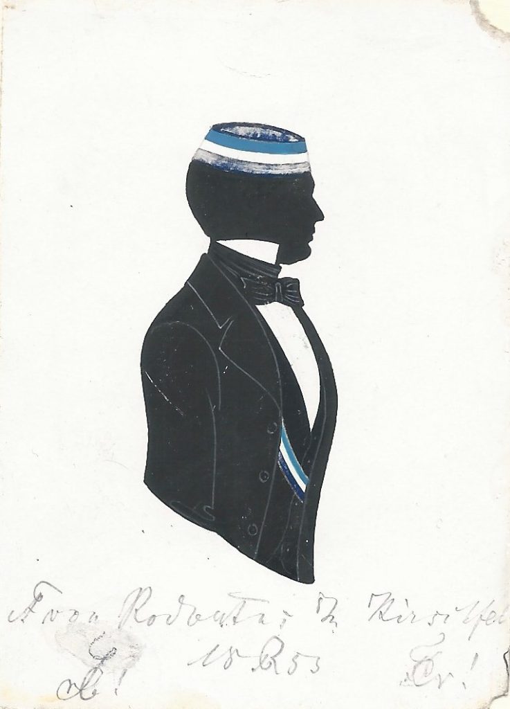 Franz Christian von Rodbertus wurde am 21. August 1828 als Sohn des Christian von Rodbertus und seiner Frau Francisca Theodora geb. von Rheder in Gransebieth geboren. Sein Zwillingsbruder war Hermann Gustav. Sein Urgroßvater Joachim Christian wurde 1802 geadelt und sein Vater durch die Heirat Herr auf Gransebieth. Rodbertus immatrikulierte sich für juristische Studien an der Universität Greifswald, wurde 1851 in das Corps Saxonia recipiert und bekleidete dort einmal die Charge des Conseniors. Im Jahr darauf immatrikulierte er sich am 5. Mai an der Universität Heidelberg. Er heiratete am 25. September 1861 Ida Maria von Bilow und war Pächter des Guts von Behrenwalde, das der Familie Behr-Negendank gehörte. Außerdem war er Hauptmann der Landwehr und Versicherungsbeamter. Er starb am 24. November 1896 in Magdeburg. Die Silhouette ist gewidmet "F von Rodbertus [Z!] s/m Kirschfeld [Z!] 18[R]53". Sammlung Robert Soppa Saxoniae Konstanz