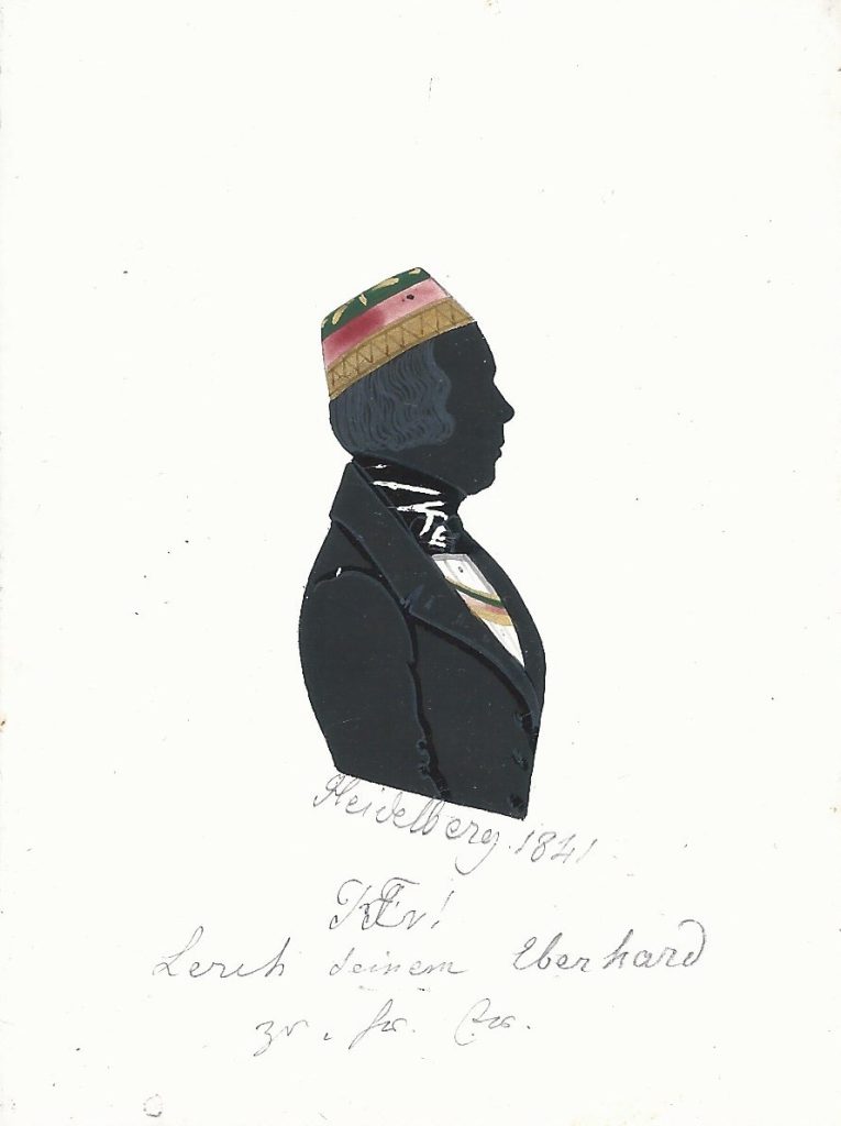 Julius Lerch war Sohn eines Kaufmannes und stammte aus Neuenburg in der Westschweiz. Als er nach Heidelberg kam und sich am 11. November 1839 als stud. med. immatrikulierte, war er 21 Jahre alt. Noch im selben Jahr fand er – passend zu seiner Herkunft – Aufnahme im Corps Helvetia. Dort war Lerch einmal Drittchargierter und einmal Senior. Er wechselte an die Julius-Maximilians-Universität und wurde 1845 nochmals bei Rhenania Würzburg aktiv. Nach der Promotion zum Dr. med. ließ er sich in seiner Heimat als Arzt nieder. 1879 starb er mit 61 Jahren. Die Silhouette ist datiert "Heidelberg 1841", darunter der Zirkel der Helvetia und die Widmung "Lerch seinem Eberhard zr. fr. Er." Sammlung Robert Soppa Saxoniae Konstanz