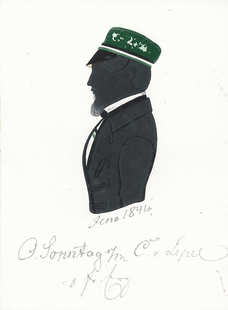 Otto Ernst Sonntag wurde 1824 in Gera geboren und immatrikulierte sich am 6. Mai 1843 an der Universität in Jena. Im folgenden Jahr wurde er in die Guestphalia recipiert. Er heiratete eine Theresa (1834-1917) und wanderte 1853 in die Vereinigten Staaten aus. Sonntag starb als Farmer 1897 in Charleston (South Carolina). Die Silhouette ist datiert "Jena1844" und gewidmet "O Sonntag s/m C. v. Lepel z fr. Erg." Sammlung Robert Soppa Saxoniae Konstanz
