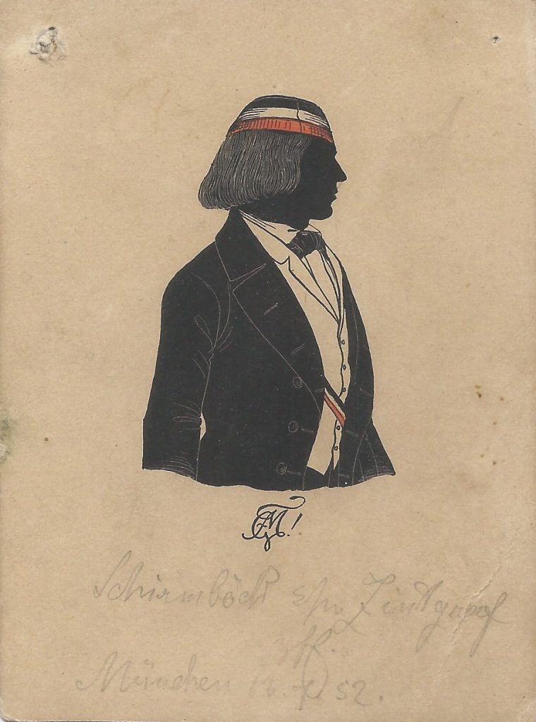 Ignaz Albert Schirmböck kam am 3. Februar 1829 in Rain am Ach zur Welt. Seine Eltern waren Joseph Schirmböck und Anna Maria geb. Bachmeyer. Zum Studium ging er nach München. Er wurde bei Makaria aktiv, wo er nach seiner Reception 1851 viermal Consenior und einmal Drittchargierter war. Am 11. Juli 1865 heiratete er in seiner Heimatstadt Maria Anna Kapfer, nach ihrem Tod am 19. Januar 1875 Nothburga Gut. Schirmböck war als Kaufmann tätig und von 1867 bis 1876 Bürgermeister von Rain. Er starb ebendort im Jahre 1894. Die Widmung lautet "Schirmböck s/m Zintgraaf zfE. München 12.7.52." Ehemals Sammlung Robert Soppa Saxoniae Konstanz