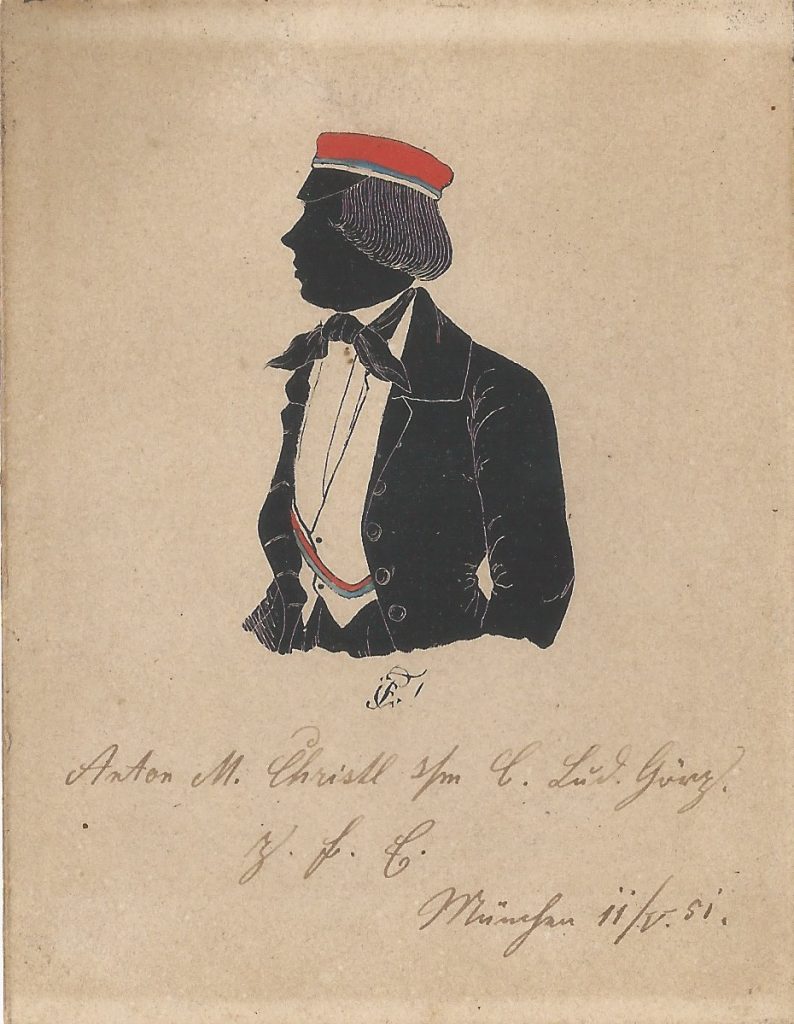 Anton Christl stammte wohl aus Nürnberg. Er wurde 1850 in die Palatia revipiert und lebte als Postoffizial a. D. in Rosenheim, wo er 1896 starb. Die Silhouette ist gewidmet "Anton M. Christl s/m C. Lud. Görz. z. f. E. München 11/V 51." Ehemals Sammlung Robert Soppa Saxoniae Konstanz