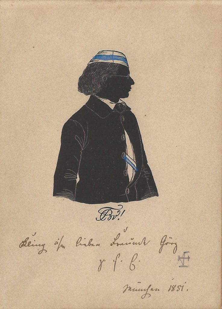 Franz Paul Kling wurde 1851 in die Bavaria recipiert. Er war später Quartiermeister des Gendarmeriekorps in Ansbach und starb bereits 1869. Die Silhouette ist gewidmet "Kling s/m lieben Freunde Görz z. f. E. München 1851." Ehemals Sammlung Robert Soppa Saxoniae Konstanz