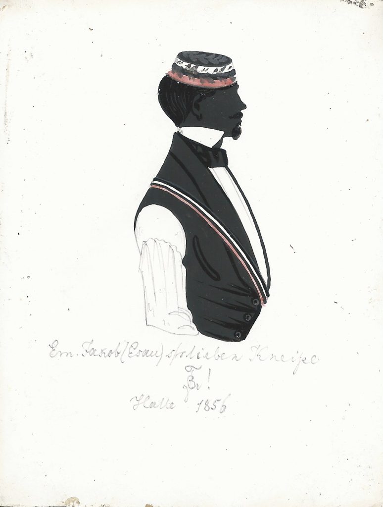 Emil Richard Heinrich Jakob wurde in Wollin bei Prenzlau am 20. November 1836 geboren. Seine Eltern waren der Pastor Theodor Jakob und dessen Frau Emilia Friederike Collin. Er immatrikulierte sich an der Universität Halle als stud. med. und wohnte am Großen Steintor Nr. 50. Am 4. März 1856 wurde Jakob in die Neoborussia recipiert und erhielt den Biernamen "Esau". Ab Michaelis 1856 war er Protokollführer, ab Weihnachten desselben Jahres Drittchargierter und ab Ostern 1857 Senior. Nach insgesamt sechs Mensuren gegen Altmärker, Sachsen, Märker, und Preußen - darunter fünf PP-Suiten - ging nach Berlin, wo er am 16. Juli 1858 sein Philosophicum machte. Schließlich bestand er Ostern 1861 sein Staatsexamen. Bald darauf verlobte sich Jakob mit Martha Rungius und diente anschließend ein Jahr in Prenzlau. Am 1. Oktober 1862 wurde er zum Dr. med. promoviert und praktischer Arzt in Prenzlau. Am Deutsch-Dänischen Krieg nahm er als Feldarzt teil und starb am 3. Oktober 1899 als Sanitätsrat in Prenzlau. Die Silhouette ist mit der Widmung "Em. Jakob (Esau) s/r lieben Kneipe [Z!] Halle 1856" versehen. Archiv des Corps Saxonia Konstanz