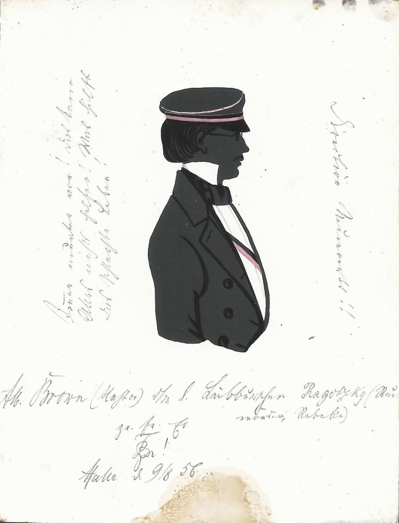 Albert Brown wurde als Sohn des Bürgermeisters Moritz Brown und dessen Frau Julia geb. Knauer in Meseritz geboren und kam zum Studium der Rechtswissenschaften und Kameralistik nach Halle. Er wurde ebendort am 5. August 1856 in die Neoborussia recipiert und erhielt den Biernamen "Master". Brown focht eine Parte mit einem Altmärker und wurde Ostern 1858 inaktiviert. Danach ging er nach Berlin und wurde anschließend Referendar in seiner Heimatstadt. Er machte 1864 das Assessorexamen in Berlin und kehrte abermals nach Meseritz zurück, bevor er Kreisrichter in Posen wurde. Daselbst wurde er erst Kreisgerichtsrat und dann Landgerichtsrat bevor er als solcher ans Landgericht nach Berlin wechselte. Brown starb ledig als Landgerichtsrat a.D. im Alter von 82 Jahren am 16. Juni 1919 in Berlin-Charlottenburg. Die Silhouette trägt die Widmung "Alb. Brown (Master) s/m l. Leibburschen Ragotzky (Raubmörder, Rebelin) zr. fr. Er. [Z!] Halle d 9/8 56". Archiv des Corps Saxonia Konstanz
