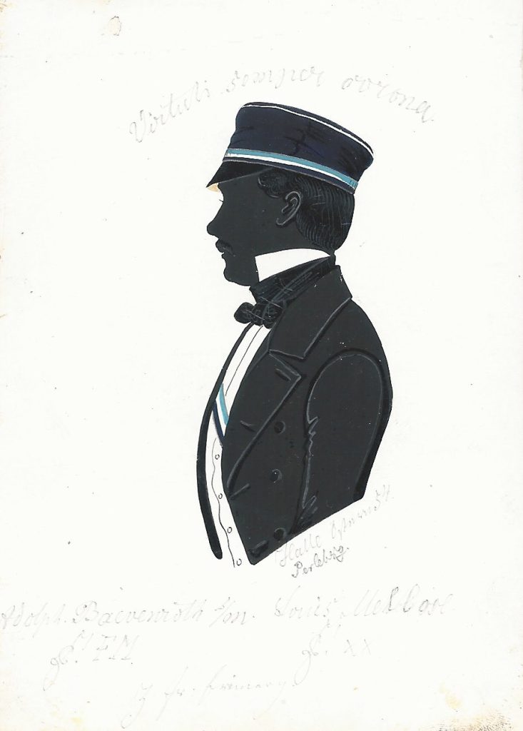 Adolf Julius Wilhelm Baevenroth wurde 1851 in Havelberg (Westpriegnitz) als Sohn des Apothekers Julius Baevenroth und dessen Frau Charlotte geb. Thiem geboren. Er kam zum Studium der Rechtswissenschaften nach Halle und wurde 1852 in die Saxonia recipiert, wo er einmal Consenior war. Er starb ledigen Standes als Landgerichtsrat am 22. Juni 1891 in Berlin. Die Silhouette ist datiert "Halle Ostern 54 Perleberg." und gewidmet "Adolph Baevenroth [Z!] FM s/m. Louis Mehlose [Z!] xx z. fr. Erinnerung." Über der Darstellung findet sich der Wahlspruch der Saxonia "Virtuti semper corona!". Archiv des Corps Saxonia Konstanz