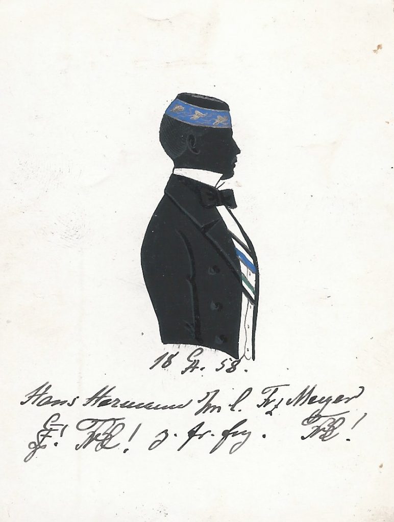 Hans Friedrich Ferdinand Hermann kam am 14. August 1837 in Schönebeck an der Elbe als Sohn des Rittmeisters a.D. und Fabrikbesitzers Otto Hermann und dessen Ehefrau Pauline geb. Helming zur Welt. Er leistete ab 1857 seinen Militärdienst in Halle als Einjährig-Freiwilliger im 2. Bataillon des 32. Thüringischen Infanterieregiments ab und wurde als stud. phil. 1858 in die Guestphalia recipiert. Ostern 1858 wechselte er an die Universität Göttingen und wurde ein zweites mal bei Brunsviga aktiv. Hermann wurde zum Dr. phil. promoviert und übernahm die Fabrik seines Vaters in Schönebeck. Er starb 1876 in Marienbad. Die Silhouette ist datiert "18GA.58." und gewidmet "Hans Hermann [Z!] [Z!] s/m l. Frz Meyer [Z!] z. fr. Erg." Sammlung Robert Soppa Saxoniae Konstanz