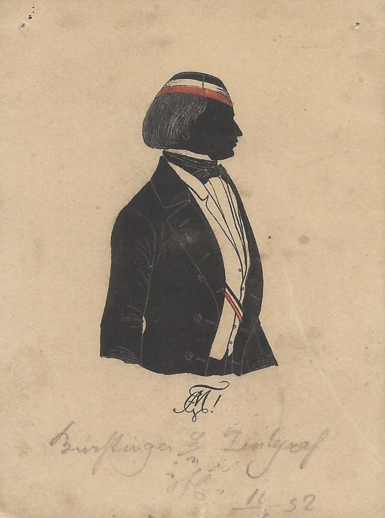 Jakob Bürstinger wurde 1850 bei Makaria recipiert und war zweimal Fuchsmajor und einmal Consenior. Er arbeitete als Bankinspektor und starb 1897 in München. Die Widmung lautet "Bürstinger s/m Zintgraf zfE. 11/7 52". Ehemals Sammlung Robert Soppa Saxoniae Konstanz