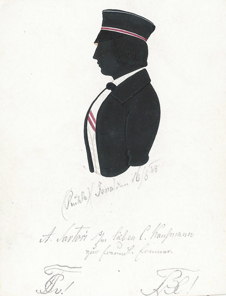 August Sartori wurde am 9. August 1827 in Schlutup geboren. Seine Eltern waren der Pastor Gottfried Andreas Sartori und Charlotte Philippine geb. Zöllner. Er besuchte das Katharineum in Lübeck und immatrikulierte sich anschließend am 27. Oktober 1847 für evangelische Theologie in Jena. Dort wurde er bei Thuringia aktiv und 1848 in diese recipiert. Sartori wechselte an die Universität Halle und wurde dort 1850 Mitglied der Guestphalia, bei der er einmal Senior war. Nach dem Studium kehrte er nach Lübeck zurück und bestand 1853 die Amtsprüfung. Da keine Pfarrstelle frei war wurde er 1856 Oberlehrer an seiner ehemaligen Schule, bis er von dieser 1880 zum Professor berufen wurde. 1898 wurde er pensioniert und starb am 20. Mai 1908 in Lübeck. Neben seiner Tätigkeit als Lehrer war Sartori überaus gesellschaftlich engagiert und Mitglied von zahlreichen Gesellschaften und Vereinen (u.a. Verein zur Beförderung gemeinnütziger Tätigkeit, Geographische Gesellschaft). In der Freimaurerloge Zur Weltkugel war er seit 1850 Mitglied und von 1879 bis 1898 Meister vom Stuhl. Außerdem war er Mitgründer der Lübeckischen Blätter, die er dreißig Jahre lang leitete. Die Silhouette ist datiert "(Ruhla)(Jena) den 16/6 48" und mit "A. Sartori [Z!] s/m lieben C. Kaufmann [Z!] zur freundlichen Erinner." gewidmet. Sammlung Robert Soppa Saxoniae Konstanz
