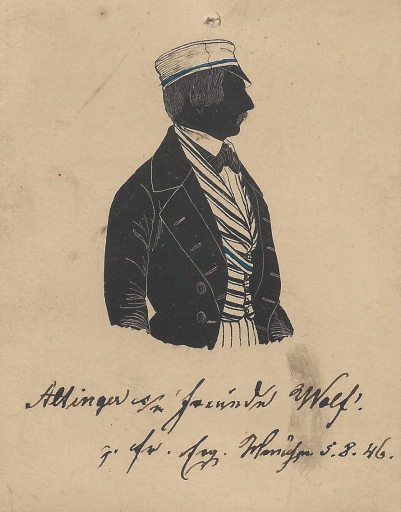 Josef Altinger wurde 1845 in die Bavaria recipiert. Er arbeitete als Gerichtsschreiber in Dorfen und starb 1876. Die Silhouette ist gewidmet "Altinger s/m Freunde Wolf! z. fr. Erg München 5.8.46." Ehemals Sammlung Robert Soppa Saxoniae Konstanz
