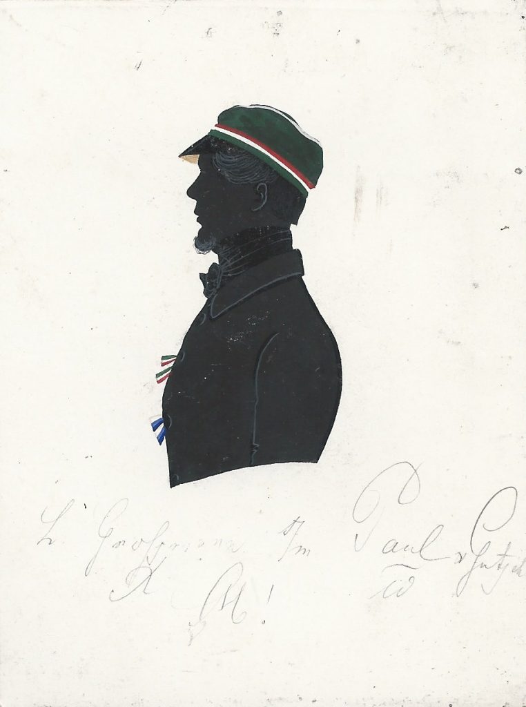Adolf L. Großmann wurde 1841 in die Misnia recipiert und war dort zweimal Consenior und einmal Drittchargierter. Er starb als Rentner 1877 in Bischofswerda. Die Silhouette ist gewidmet "L. Grossmann s/m Paul von Gutschmid [Z!]". Ehemals Sammlung Robert Soppa Saxoniae Konstanz
