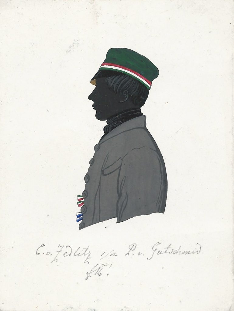 Conrad S. von Zedlitz wurde 1841 in die Misnia recipiert und war zweimal Consenior. Er war Hauptmann in österreichischen Diensten. Die Silhouette ist gewidmet "C. v. Zedlitz s/m P. v. Gutschmid [Z!]" Ehemals Sammlung Robert Soppa Saxoniae Konstanz