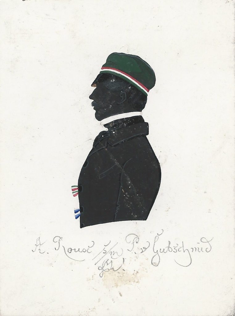 Arthur Eduard Roux kam am 1. August 1821 in Bautzen zur Welt. Seine Eltern waren Ludwig Eduard Roux (1794-1855) und Friederike Henriette Brescius (1794-1876). Er wurde 1841 in die Misnia recipiert und war einmal Consenior. Er heiratete Anna Sophie Günther und starb als Rechtsanwalt am 25. März 1880 in Leipzig. Die Silhouette ist gewidmet "A. Roux s/m. P. v. Gutschmid [Z!]". Ehemals Sammlung Robert Soppa Saxoniae Konstanz