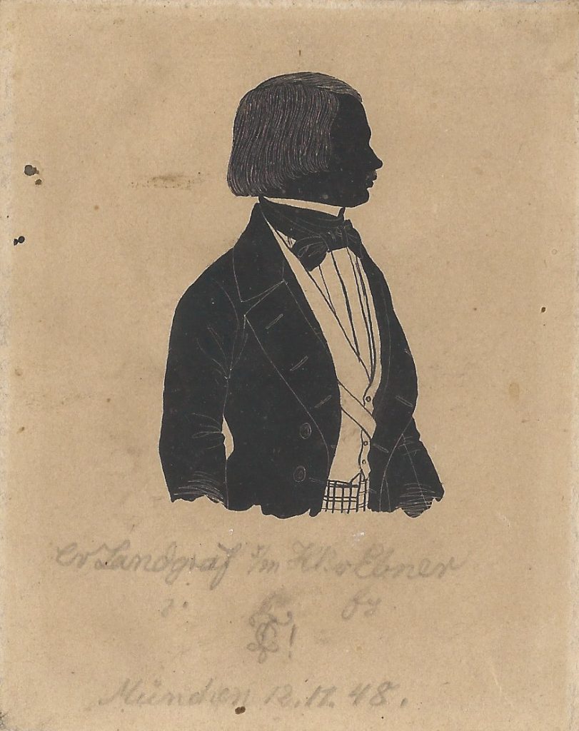 Karl Wilhelm Georg von Landgraf wurde am 12. Januar 1827 in Nordhalben (Oberfranken) als Sohn des Josef Christian von Landgraf und dessen Frau Ida geb. Edle von Schallern geboren. Er machte sein Abitur auf dem humanistischen Gymnasium in Bayreuth und studierte anschließend Rechtswissenschaften in München. Dort wurde er am 29. Mai 1848 in die Franconia recipiert. Sein Examen machte er in München und war anschließend als Rechtspraktikant und Regierungsaccessist in Bayreuth tätig. Er starb daselbst am 22. Juni 1853 an Typhus. Die Silhouette ist gewidmet "CvLandgraf s/m HBvEbner z. f. Er. [Z!] München 12.11.48." Ehemals Sammlung Robert Soppa Saxoniae Konstanz