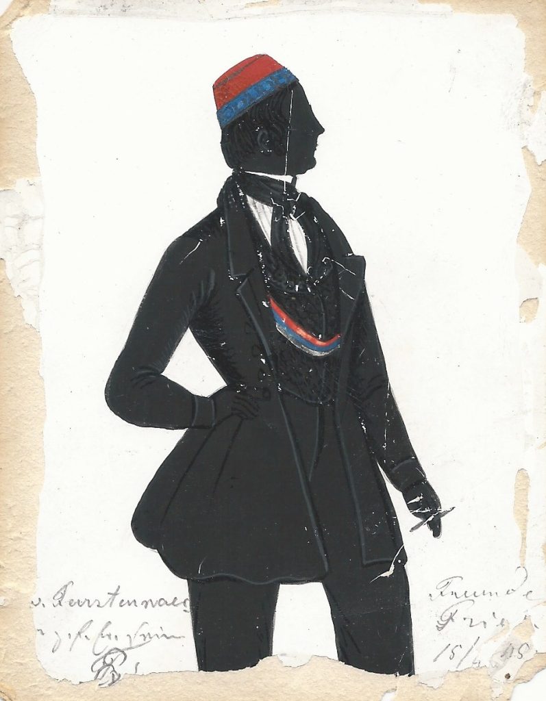 Otto Freiherr von Fürstenwärter wurde 1841 in die Palatia recipiert und war dort einmal Drittchargierter. Er war österreichischer Leutnant und starb 1853 in Kairo. Informationen über die KCL hinaus konnten bislang nicht gefunden werden. Die Widmung ist nur noch teilweise leserlich und lautet "... v. Fürstenwaerter z. f. Er. seinem Freunde Fries 15/4 45." Ehemals Sammlung Robert Soppa Saxoniae Konstanz