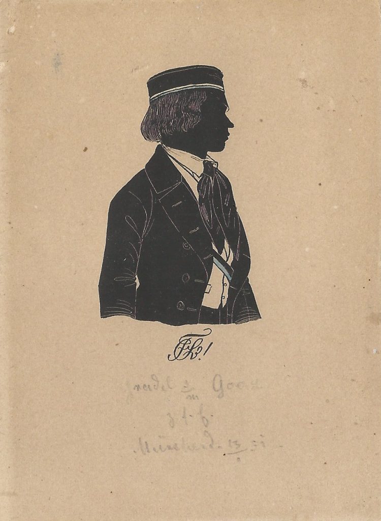 Wilhelm Gradel wurde 1851 in die Suevia recipiert. Er starb 1897 als Oberlandesgerichtsrat a. D. in München. Die Silhouette ist gewidmet "Gradel s/m Goerz z. f. E. München d. 13/1 51." Ehemals Sammlung Robert Soppa Saxoniae Konstanz