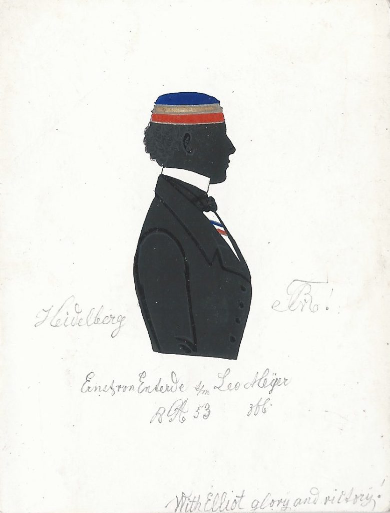 Ernst Friedrich Adolf Nicolaus Freiherr von Exterde kam als Sohn des Gutsbesitzers Ludwig Ferdinand Freiherr von Exterde und dessen Ehefrau Elisabeth Margaretha Wilhelmine Alexandrine Antoinette Bödiker am 5. Februar 1831 in Haselünne zur Welt und wurde zwei Tage später daselbst katholisch getauft. Nach dem Abitur auf dem Gymnasium Meppen begann er sein Studium zunächst in Göttingen, wo er sich am 15. Oktober 1850 als stud. iur. immatrikulierte. Am 3. Mai 1851 wechselte er an die Universität Heidelberg und wurde noch im selben Jahr am 12. August in die Rhenania rezipiert. Exterde wechselte abermals die Universität und immatrikulierte sich Ostern 1852 in Berlin. Schlussendlich immatrikulierte er sich am 26. Oktober 1852 abermals in Göttingen. Laut Kösener Corpslisten müsste er sein Studienfach später gewechselt haben, da er angeblich zum Doktor der Medizin promoviert wurde. Dies scheint aber aufgrund anderer Berichte fehlerhaft überliefert zu sein. Stattdessen wurde er zum Dr. iur. promoviert und kam Anfang der 1860er Jahre nach Graz, wo er kurz nach der Stiftung des Corps Tartarus am 8. Februar 1861 deren Mitglied wurde und zunächst als Auskultant tätig war. Einige Jahre später gehörte er 1868 zu einem Kreis junger Beamter, der die Österreichische Zeitschrift für Verwaltung ins Leben rief. Exterde wechselte zunächst in die politische Verwaltung und wurde schließlich 1873 Ministerialvizesekretär im Ackerbauministerium. Am 10. Juli 1881 heiratete er in Wien Elisabeth Wazpel. Zum Ministerialsekretär befördert befiel ihn im selben Jahr eine schwere Krankheit und er musste sich aus dem beruflichen Leben zurückziehen. Hierbei dürfte es sich um eine psychische Erkrankung gehandelt haben, da er 1882 wegen "gerichtlich erhobenen Blödsinnes" unter Kuratel gestellt wurde. Er starb im folgenden Jahr am 24. Februar in Wien und wurde zwei Tage darauf auf dem Zentralfriedhof bestattet. Die Silhouette ist gewidmet „Ernst von Exterde s/m Leo Meyer 18[GA]53 zfE.“ Im unteren Bereich findet sich zusätzlich der englische Spruch „With Elliot glory and victory!“ und rechts und links neben der Darstellung „Heidelberg“ und der Zirkel der Rhenania. Sammlung Robert Soppa Saxoniae Konstanz