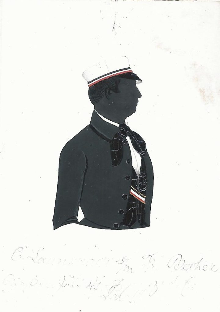 Karl Launspach stammte aus Hattenrod bei Gießen und studierte zunächst an der Universität Darmstadt, wo er sich 1843 dem Corps Hassia (WSC) anschloss. Michaelis 1844 wechselte er an die Universität Gießen Er wechselte an die Universität Gießen und studierte Forstwissenschaften. Er wurde 1845 auch bei der dortigen Hassia rezipiert Und war war einmal Drittchargierter. Später war er Mühlenbesitzer in Hattenrod, wo er 1869 starb. Die Silhouette ist gewidmet und datiert "C. Launspach s/m Fr. Becher Gießen Juli 47. [Z!!!] z. f. E." Sammlung Robert Soppa Saxoniae