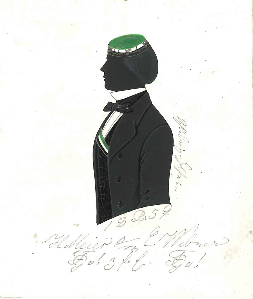 Henrich Meier stammte vom direkt am Nord-Ostsee-Kanal gelegenen Gut Klein Königsförde (heute Krummwisch) in Schleswig-Holstein und war Sohn eines Partikulierers (selbstständiger Schiffseigentümer in der Binnenschifffahrt). Am 20. April 1857 immatrikulierte er sich mit 19 Jahren als stud. iur. an der Universität Heidelberg und wurde im selben Jahr in die dortige Guestphalia recipiert, wo er zunächst Consenior, dann Senior wurde. Meier wechselte an die Universität Kiel. Dort wurde er 1859 erneut bei Holsatia aktiv und bekleidete zweimal die Charge des Seniors. Nach dem Studium war Meier als Rechtsanwalt und Notar in Kiel tätig und fungierte als Geheimer Justizrat. Außerdem wurde ihm eine Ehrendoktorwürde zugesprochen. Meier starb 1927 in Kiel. Die Silhouette ist datiert und dediziert "18 [R] 57 H Meier [Z!] s/m C Webner [Z!] z. f. E." Außerdem befindet sich seitlich die Herkunftsangabe "Schleswig-Holstein". Sammlung Florian Wanner Helvetiae Bern, Flamineae (IdC), Palatia-Guestphaliae (IdC)