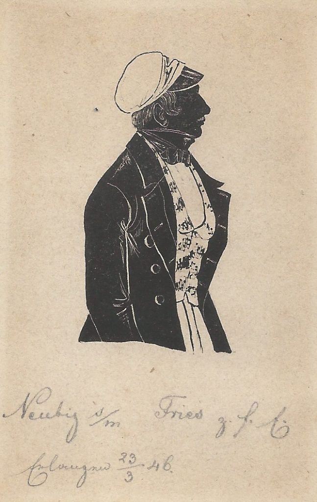 Jakob Georg Wilhelm Neubig wurde am 24. November 1819 in Hof als Sohn eines Gymnasialprofessors geboren. Er besuchte das Gymnasium in Bayreuth und immatrikulierte sich am 28. Oktober 1837 als stud. iur. in Erlangen. Am 9. August 1838 wurde Neubig in die Baruthia recipiert. Dort war er dreimal Drittchargierter und einmal Senior. 1852 wurde er Kreis- und Stadtgerichtsassessor in Bayreuth, 1858 Bezirksgerichtsrat und 1862 Stadtrichter ebendort. Fünf Jahre später wurde er Bezirksgerichtsdirektor in Amberg und wechselte 1874 als solcher nach Würzburg, wo er 1879 schließlich Landgerichtspräsident wurde. Er trat 1892 in den Ruhestand und starb kurz darauf am 25. Februar 1893. Die Silhouette ist gewidmet "Neubig s/m Fries z. f. E. Erlangen 23/3 46." Archiv des Corps Baruthia Erlangen