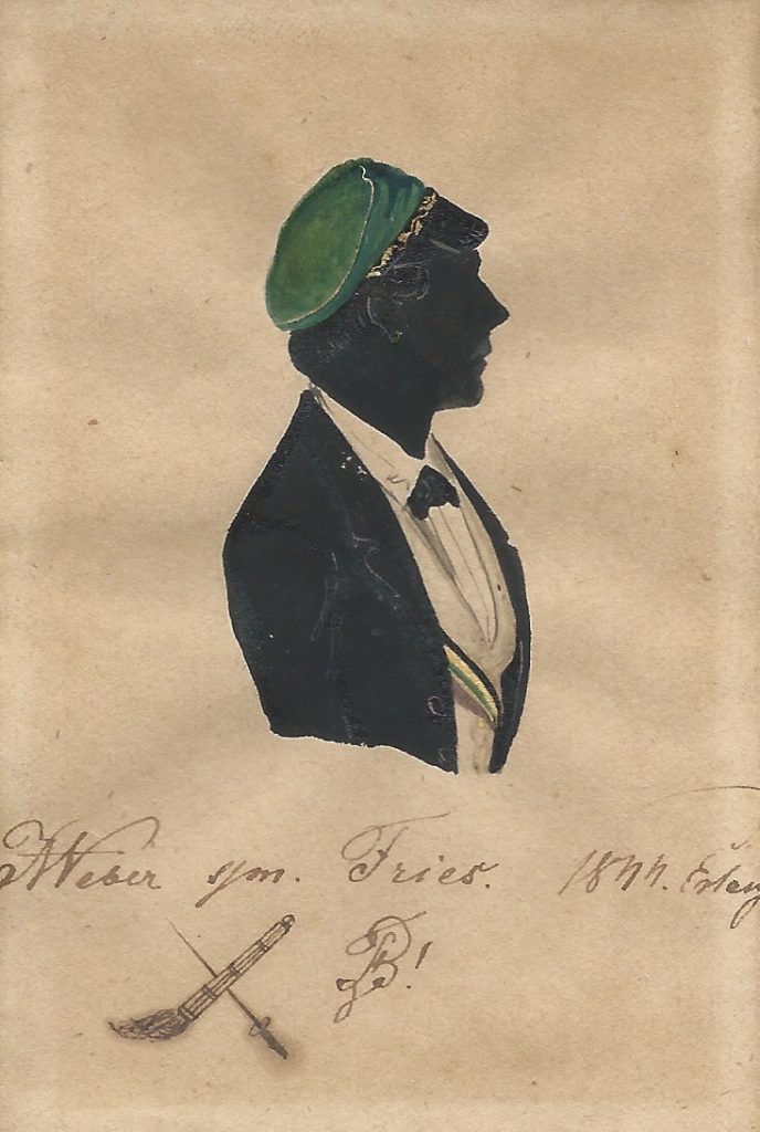 Johann Magnus Heinrich Weber wurde am 28. November 1821 in Bayreuth als Sohn eines Kleidermachers geboren. Er besuchte das Gymnasium seiner Heimatstadt und immatrikulierte sich am 27. Oktober 1840 als stud. iur. et cam. in Erlangen. Dort wurde er am 26. Januar 1843 in die Baruthia recipiert, wo er zweimal Consenior war. Er starb bereits am 1. Oktober 1847 als Rechtspraktikant in Bayreuth. Die Silhouette ist gewidmet "JWeber s/m. Fries. 1844. Erlangen [Z!]" Archiv des Corps Baruthia Erlangen