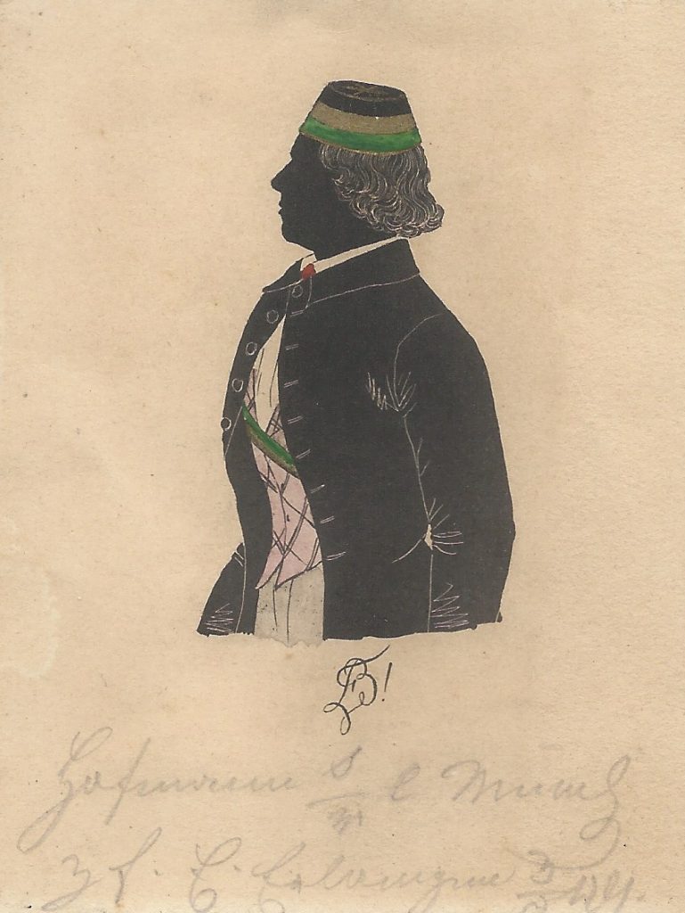 Ludwig Hofmann wurde am 8. Dezember 1825 in Großarl (Österreich) geboren. Sein Vater war ein Stiftsverwalter. Nach dem Besuch des Gymnasiums in Wien immatrikulierte er sich am 9. Dezember 1848 als stud. iur. in Erlangen und wurde am 1. Februar 1849 bei Baruthia acceptiert und am 8. November 1849 recipiert. Nach dem erfolgreichen Studienabschluss und erfolgter Promotion war Hofmann als Hof- und Gerichtsadvokat in Salzburg tätig. Er starb ebendort am 14. Dezember 1894. Die Silhouette ist gewidmet "Hofmann s/m l Münch z. f. E. Erlangen 3/V 49." Archiv des Corps Baruthia Erlangen