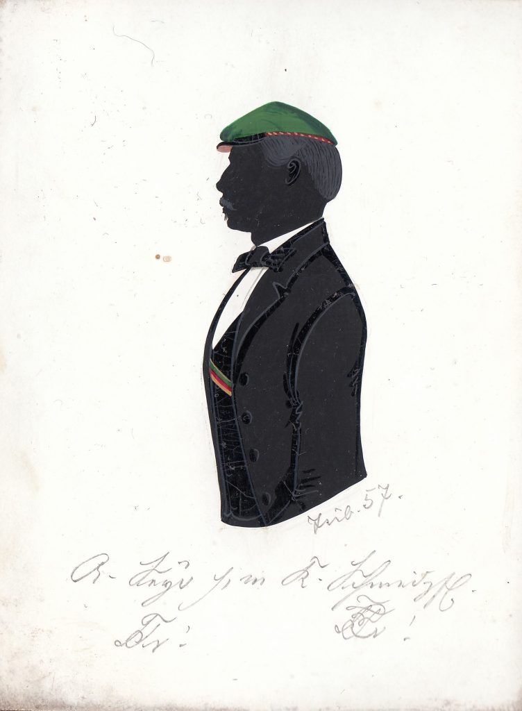 Albrecht Heinrich Wilhelm Seyd wurde als Sohn des Forstrates Heinrich Wilhelm Seyd und dessen Ehefrau Johanette geb. Huebsch am 7. November 1834 in Schotten geboren und am 9. Dezember 1834 ebendort evangelisch getauft. Er immatrikulierte sich Michaelis 1852 als stud. med. an der Universität Gießen und wurde bei Teutonia aktiv. Im folgenden Jahr wurde Seyd recipiert und war insgesamt einmal Fuchsmajor, einmal Drittchargierter, einmal Consenior und zweimal Senior. Im Wintersemester 1856/57 wechselte er an die Universität Tübingen, wo er sich am am 17. Januar 1857 immatrikulierte. Im folgenden Jahr wurde Seyd nochmals bei der dortigen Franconia aktiv. Nach dem Studium ging Seyd nach Österreich-Ungarn und diente beim Militär. Er starb 1910 als k.u.k. Oberst in Wien. Die Silhouette ist gewidmet A. Seyd [Z!] s/m K. Schmid [Z!] zfE." und datiert "Tüb.57." Archiv des Corps Franconia Tübingen, Silhouettenalbum des Karl Schmidt