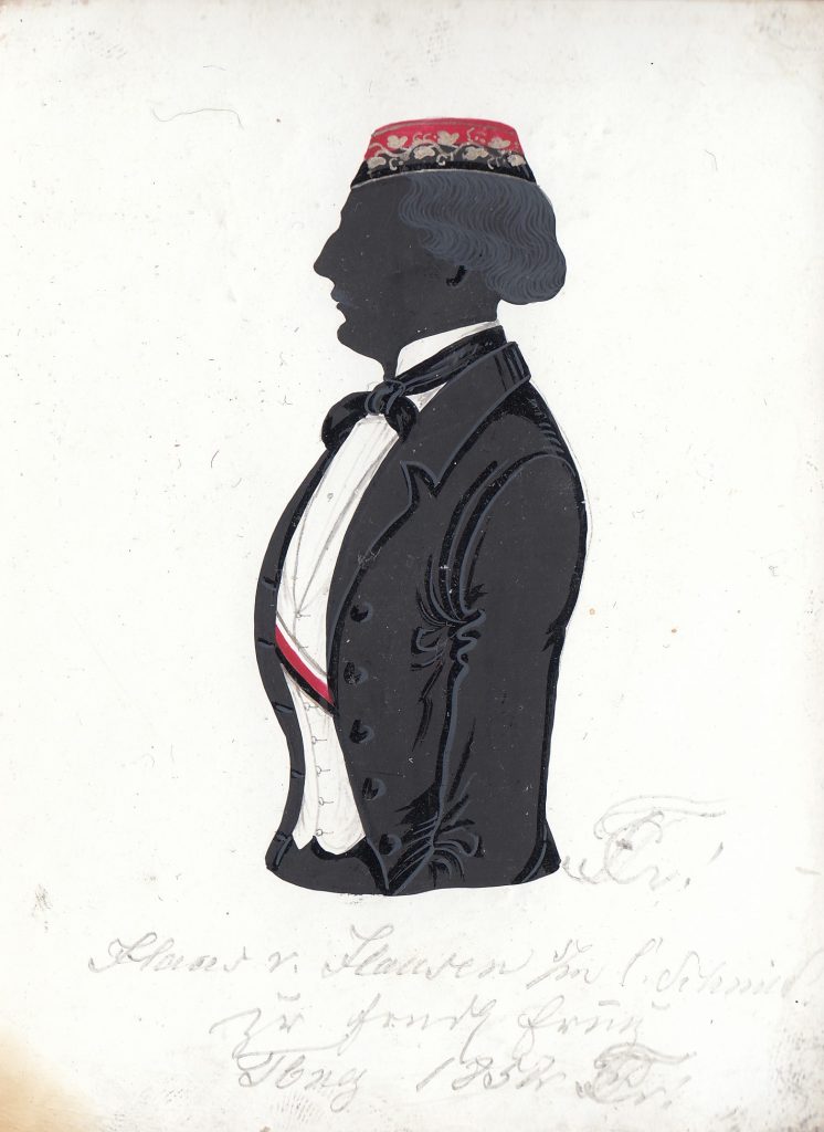 Julius Hans von Hausen wurde am 26. Dezember 1827 in Salzburg geboren und immatrikulierte sich am 5. Dezember 1848 an der Universität in Jena, wo er bei Thuringia aktiv wurde. Er wird dort in der Corpsliste nicht mehr geführt und scheint daher ausgeschieden zu sein. Er wechselte seinen Studienort und immatrikulierte sich am 23. Januar 1852 als stud. med. in Tübingen. Die Silhouette ist gewidmet "[Z!] Hans v. Hausen s/m C. Schmid zr fredl. Ering Tbng 1852 [Z!]" Archiv des Corps Franconia Tübingen, Silhouettenalbum des Karl Schmidt