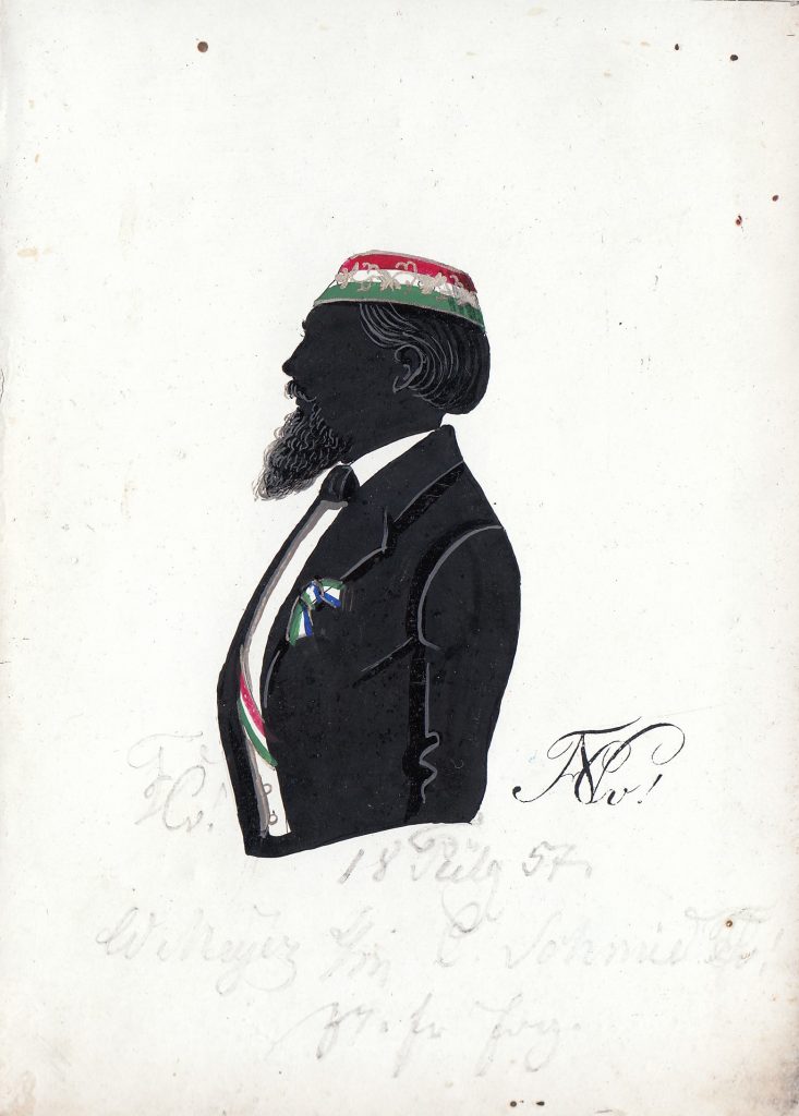 Wilhelm Meyer studierte Theologie an der Universität Marburg und wurde zunächst bei Hasso-Nassovia aktiv, in die er 1854 recipiert wurde. Dort war er je einmal Fuchsmajor, Consenior und Drittchargierter. Im folgenden Jahr beteiligte er sich an der Stiftung der Vandalia und war dann dort je einmal Drittchargierter, Consenior und Senior. Später wurde er zum Ehrenmitglied der Vandalia ernannt. Nach dem Studium war er als Pfarrer in Hessische Oldendorf tätig und zusätzlich Oberschulinspektor. Er starb im Jahre 1892. Die Silhouette ist gewidmet "W Meyer s/m C. Schmid [Z!] zr. fr. Erg." und datiert "18Tübg57". Seine beiden Zirkel sind rechts und links neben sein Bild gesetzt. Archiv des Corps Franconia Tübingen, Silhouettenalbum des Karl Schmidt