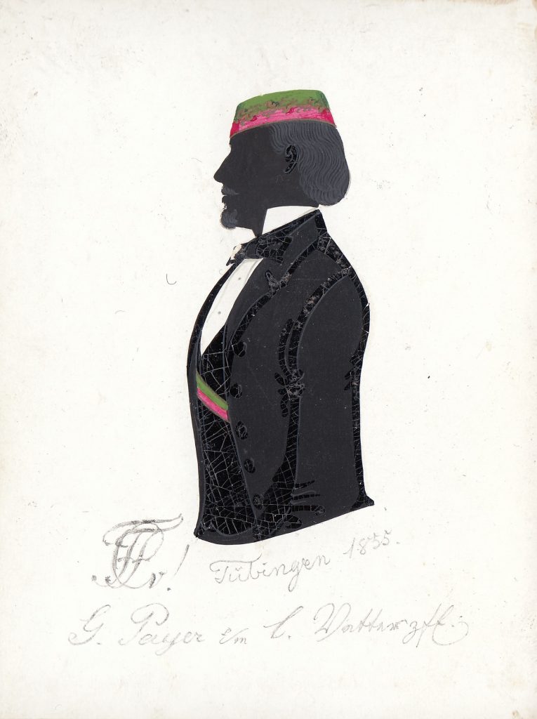 Eberhard Heinrich Gustav Payer wurde am 8. Januar 1829 in Bissingen an der Enz als Sohn des Pfarrers Gottlieb Payer geboren. Nach dem Abitur immatrikulierte er sich an der Universität Tübingen als stud. iur. und wurde aktiv bei Franconia, in die er 1848 recipiert wurde. Payer wechselte an die Universität Heidelberg und immatrikulierte sich dort am 7. November 1853. Im folgenden Jahr kehrte er wieder nach Tübingen zurück und schrieb sich am 30. November abermals an der dortigen Universität ein. Nach dem Abschluss des Studiums trat Payer in den Staatsdienst ein und starb 1907 als Oberlandesgerichtssekretär. Die Silhouette ist gewidmet "[Z!] Tübingen 1855. G. Payer s/m l. Wetter zfE." Archiv des Corps Franconia Tübingen, Silhouettenalbum des Karl Schmidt