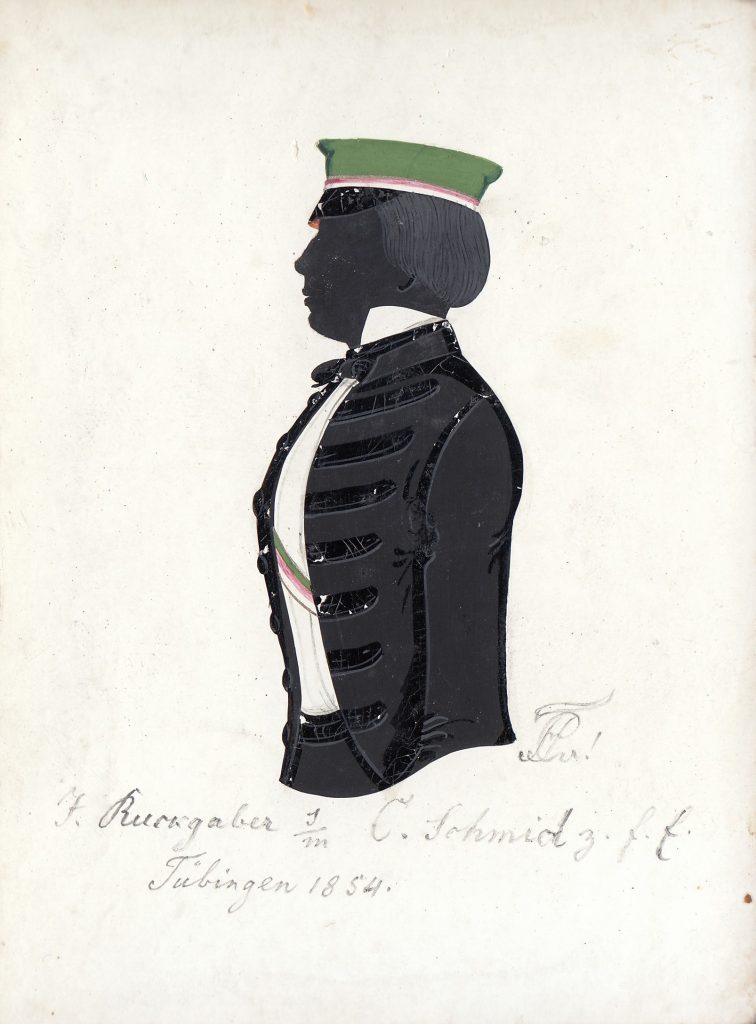 Julius Ruckgaber wurde am 19. Januar 1835 in Rottweil geboren. Er war der Sohn des Rektors Heinrich Ruckgaber. Zum Studium kam er nach Tübingen, wo er sich am 5. November 1853 als stud. iur. immatrikulierte und bei Franconia aktiv wurde. In diese wurde er im folgenden Jahr recipiert und war einmal Drittchargierter und einmal Senior. Im Wintersemester 1855/56 wechselte er an die Universität Heidelberg, wo er am 17. Oktober 1855 immatrikuliert wurde. Er starb bereits 1858 als cand. iur. in seiner Heimatstadt. Die Silhouette ist gewidmet "J. Ruckgaber s/m C. Schmid z. f. E. Tübingen 1854." Archiv des Corps Franconia Tübingen, Silhouettenalbum des Karl Schmidt