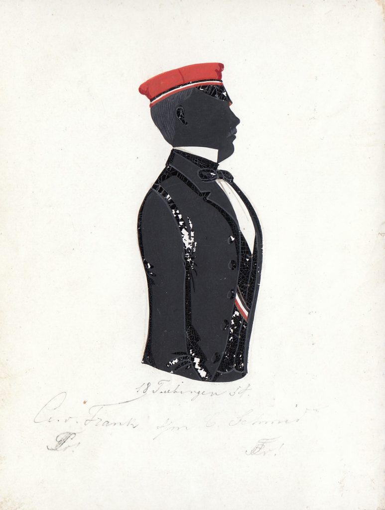 Adolf Frank von Fürstenwerth wurde am 16. April 1833 als Sohn des Geheimrats Gustav Frank von Fürstenwerth geboren. Er immatrikulierte sich nach dem Abitur am 7. Mai 1852 als stud. iur. an der Universität Tübingen und wurde bei Suevia aktiv, in die er noch im selben Jahr recipiert wurde. Einmal war er Drittchargierter und einmal Senior. Später wechselte er an die Universität Halle und wurde 1854 ein weiteres Mal bei der dortigen Marchia aktiv. Nach dem Studienabschluss war er als Regierungspräsident in Sigmaringen tätig und starb 1893. Die Silhouette ist gewidmet "18Tübingen54. C. v. Frank [Z!] s/m C. Schmid [Z!]" Archiv des Corps Franconia Tübingen, Silhouettenalbum des Karl Schmidt