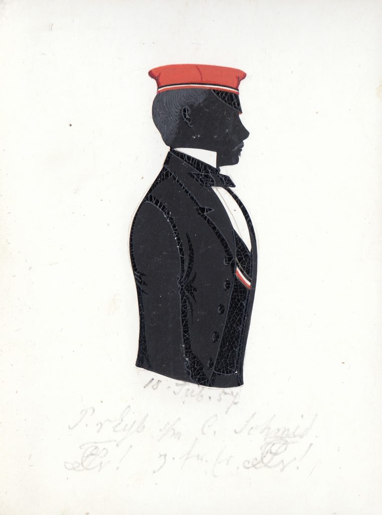 Paul Ludwig Friedrich Carl von Eyb wurde am 2. September 1833 in Heilbronn geboren und am 14. Oktober des selben Jahres evangelisch getauft. Seine Eltern waren der Straßenbauinspektor Ludwig Carl Ernst Christian Alexander von Eyb (1796-1865) und dessen Ehefrau Luise Auguste Esperanza Glocker (1806-1872). Er kam zum Studium nach Tübingen und immatrikulierte sich am 10. November 1852 als stud. iur. Im folgenden Jahr wurde von Eyb in die Suevia recipiert, wo er einmal Consenior und einmal Senior war. Nach dem Studium trat er in den Militärdienst ein und wurde Hauptmann. Später war er Rittergutsbesitzer in Dörzbach. Von Eyb war seit dem 22. September 1868 mit Marie Luise Siegle verheiratet und starb am 31. Juli 1873 in Stuttgart an einem Nierenleiden. Die Silhouette ist gewidmet "18. Tüb. 57 P. vEyb [Z!] s/m C. Schmid. [Z!] z. fr. Er." Archiv des Corps Franconia Tübingen, Silhouettenalbum des Karl Schmidt