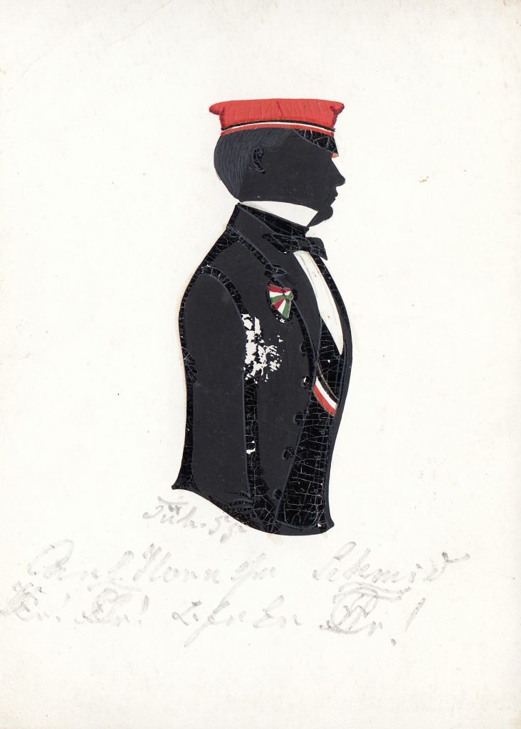 Carl Horn wurde am 18. März 1835 in Sigmaringen geboren. Sein Vater hieß ebenfalls Carl Horn. Horn ging zum Studium der Rechtswissenschaften zunächst nach Berlin, wo er sich der recht jungen Vandalia anschloss, in die er 1854 recipiert wurde. Er wechselte an die Universität Tübingen und wurde erneut bei Suevia aktiv, die ihn noch im selben Jahr recipierte und wo er einmal Consenior war. Später wechselte er zurück nach Berlin und war erneut bei Vandalia aktiv. Nach dem Studium war Horn als Rechtsanwalt tätig und wanderte nach Amerika aus. Er kam mit dem in Bremen gestarteten Schiff Ottilie am 16. August 1858 in New York an. Im amerikanischen Bürgerkrieg diente er in der Unionsarmee als Lieutenent-Colonel. Er starb am 22. oder 24. Dezember 1864 beim Untergang des Dampfers North America, der verwundete Soldaten von New Orleans nach New York transportieren sollte und östlich von Georgia sank. Die Silhouette ist gewidmet "Tüb.55 Carl Horn [Z!] [Z!] s/m Schmid [Z!] z.fr Er". Archiv des Corps Franconia Tübingen, Silhouettenalbum des Karl Schmidt