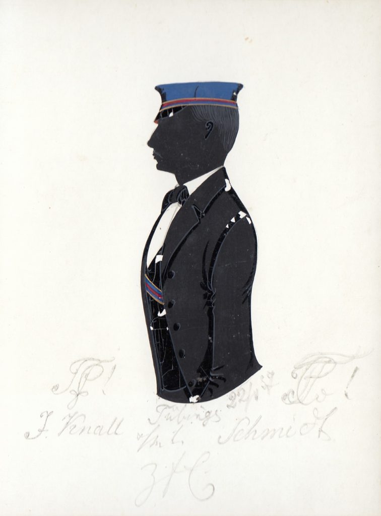 Franz Julius Knall wurde am 23. November 1835 in Groß-Schenk (heute Cincu, Rumänien) geboren und am 27. November getauft. Sein Vater war der Prediger Martin Knall (1800-1843), sein Mutter Juliana Regina geb. Kauffmann (1813-1861). Er besuchte das Gymnasium in Schäßburg (heute Sighișoara, Rumänien), bevor er sich am 7. Dezember 1955 an der Universität Tübingen als stud. theol. immatrikulierte. Dort wurde Knall in dem Corps aktiv, das Studenten aus seiner Heimat verband - Transsylvania. Die KKL1910 führt ihn nicht, was an der Unvollständigkeit der Liste liegen dürfte. Schmidgall weist ihn in seinem Aufsatz eindeutig als Transsylvanen aus. Nach dem Studium in seine Heimat zurückgekehrt, heiratete Knall am 28. Oktober 1861 Amalie Friederike Hann (1843-1898) und wurde Pfarrer in Zied (heute Veseud, Rumänien), später Kassierer der Pensionsanstalt der Landeskirche. Er hatte insgesamt sechs Kinder und starb am 9. November 1916 in Hermannstadt (heute Sibiu, Rumänien). Die Silhouette ist gewidmet "J. Knall [Z!] s/m l. Schmidt [Z!] zfE." und datiert "Tübingen 22/V 57". Archiv des Corps Franconia Tübingen, Silhouettenalbum des Karl Schmidt