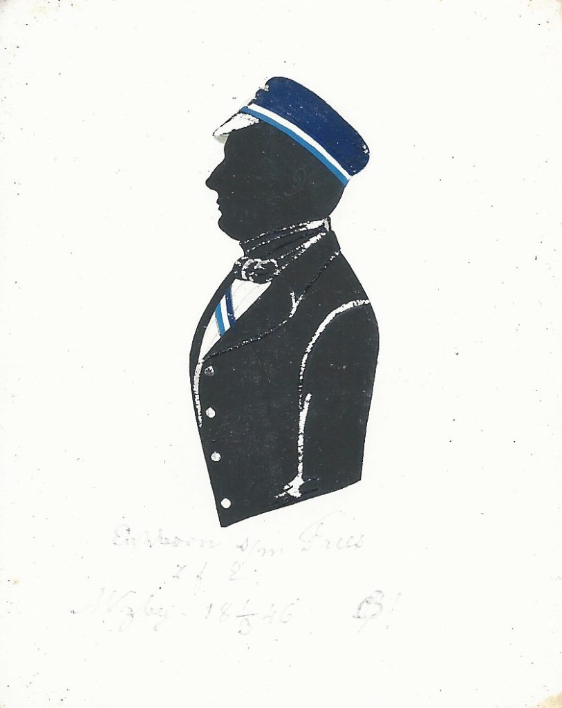 Julius Eichborn wurde 1820 geboren und studierte Medizin in Würzburg. Dort wurde er 1841 in die Bavaria recipiert und war einmal Senior. Nach dem Studium und erfolgter Promotion war er als Arzt in Landau tätig, wo er von 1879-1887 Bürgermeister war und die Ehrenbürgerschaft erhielt. Er starb 1887 in Landau. Die Silhouette ist gewidmet "Eichborn s/m Fries z. f. E. Wzbg. 18 1/3 46 [Z!]" Sammlung Robert Soppa Saxoniae Konstanz