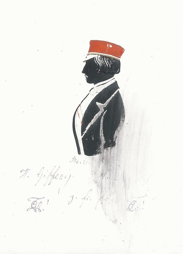 Hugo Carl Friedrich Giffenig kam am 21. November 1827 als Sohn des Carl Friedrich Giffenig (1797-1881) und dessen Ehefrau Caroline Elisabeth Juliane geb. Schrader (1792-1872) in Boizenburg (Mecklenburg) zur Welt. Am 19. Dezember wurde er lutherisch getauft. Nach dem Abitur begann Giffenig Ostern 1848 ein Studium der Rechtswissenschaften in Berlin und schloss sich der Marchia an, in die er 1849 recipiert wurde und wo er einmal Consenior war. Am 29. Oktober 1849 immatrikulierte er sich an der Universität Heidelberg und wurde sogleich bei der dortigen Vandalia aktiv, bei der er ebenfalls einmal Consenior war. Nach dem Abschluss des Studiums heiratete Giffenig am 1. November 1861 in Grabow Sophie Louise Marie Elise Steinkopff (1840-1898), die ihm in den folgenden Jahren vier Söhne und zwei Töchter schenkte. Berufliche Stationen waren Grabow, Röbel, Dargun, Hagenow und schließlich Rostock. Dort starb Giffenig am 12. September 1905 als Geheimer Justizrat und Landgerichtsrat a.D. Die Silhouette ist gewidmet "Berlin 1848 - H. Giffenig [Z!] s/m D. Daubert [Z!] z. fr. Er." Archiv des Corps Marchia Berlin