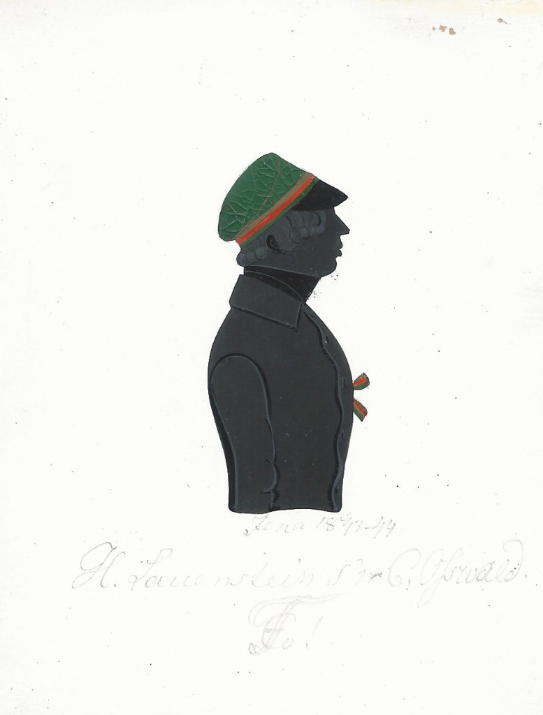 Hermann Lauenstein stammte aus Düshorn (heute Walsrode). Nach dem Abitur immatrikulierte er sich am 9. Mai 1843 an der Universität Jena als stud. med. und wurde bei Franconia aktiv. 1844 wurde er recipiert und wechselte noch im selben Jahr an die Universität Göttingen, wo er abermals bei Bremensia aktiv wurde. Dort war er einmal Fuchsmajor, einmal Drittchargierter und zweimal Senior. Nach Abschluss des Studiums und erfolgter Promotion war Lauenstein als Sanitätsrat in Göttingen tätig, wo er 1901 verstarb. Die Silhouette ist gewidmet "Jena 1843-44 - H. Lauenstein s'm C. Osswald. - [Z!]" Sammlung Robert Soppa Saxoniae Konstanz