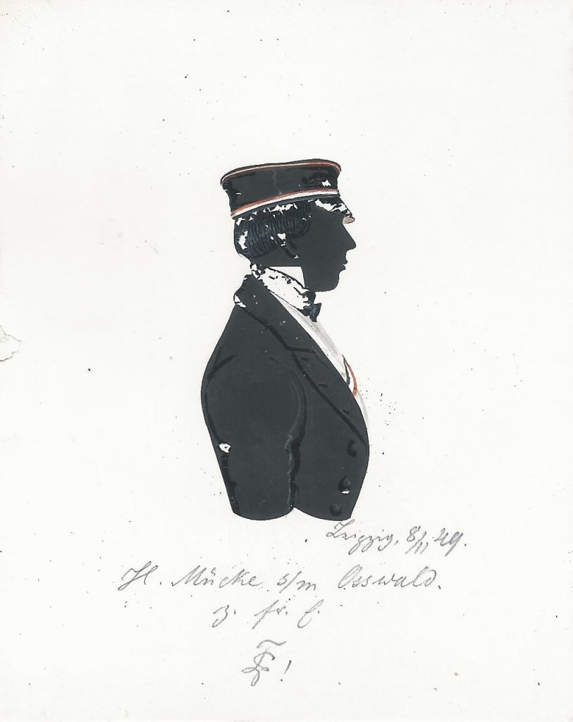 Über H. Mücke war bislang nichts festzustellen. Die Silhouette ist gewidmet "Leipzig 8/11 49. - H. Mücke s/m Osswald z. fr. E. [Z!]". Sammlung Robert Soppa Saxoniae Konstanz
