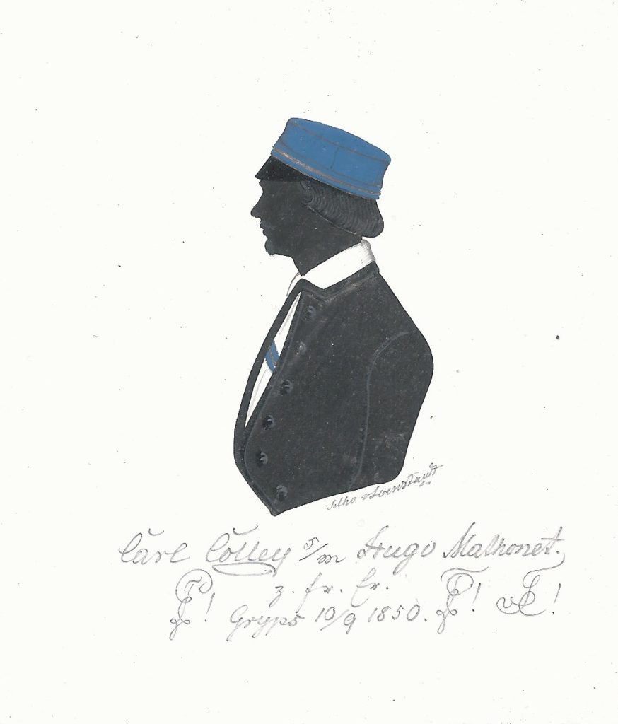 Carl Friedrich Heinrich Daniel Colley wurde am 27. Oktober 1827 in Salzwedel als Sohn des Schuhmachermeisters Carl Ludwig Wilhelm Colley und der Catharine Sophie geb. Kiefer (1792-1862) geboren. Nach dem Abitur begann er ein Studium der evangelischen Theologie in Greifswald und wurde bei Pomerania aktiv, in die er 1849 recipiert wurde. Einmal war er Drittchargierter und einmal Senior. Nach dem Studium wurde er Pastor in Karwe (heute Stadtteil von Neuruppin) und heiratete am 5. November 1856 in Diesdorf (Sachsen) Marie Caroline Mathilde Wendtland (geb. 1832). Er verstarb am 10. November 1888 in Kalwe. Die Silhouette ist gewidmet „Carl Colley [Z!] s/m Hugo Mathonet [Z!] [Z!]. z. fr. Er. Gryps 10/9 1850.“ Besonders interessant ist die seltene namentliche Nennung des Silhouetteurs direkt bei der Darstellung "Silo. vLoewstaedt". Loewstaedt war als Silhouetteur in Greifswald und später in Halle tätig. Sammlung Robert Soppa Saxoniae Konstanz