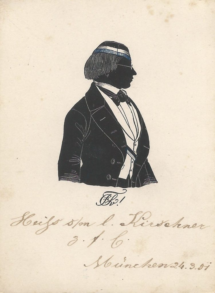 Leonhard Heiss studierte Medizin in München und wurde 1852 in die dortige Suevia recipiert. Nach seinem Studienabschluss und erfolgter Promotion war er als Arzt in Kempten tätig und verstarb 1902. Die Silhouette ist gewidmet "Heiss s/m l. Kirschner z. f. E. - München 24.3.51". Ehemals Sammlung Robert Soppa Saxoniae Konstanz