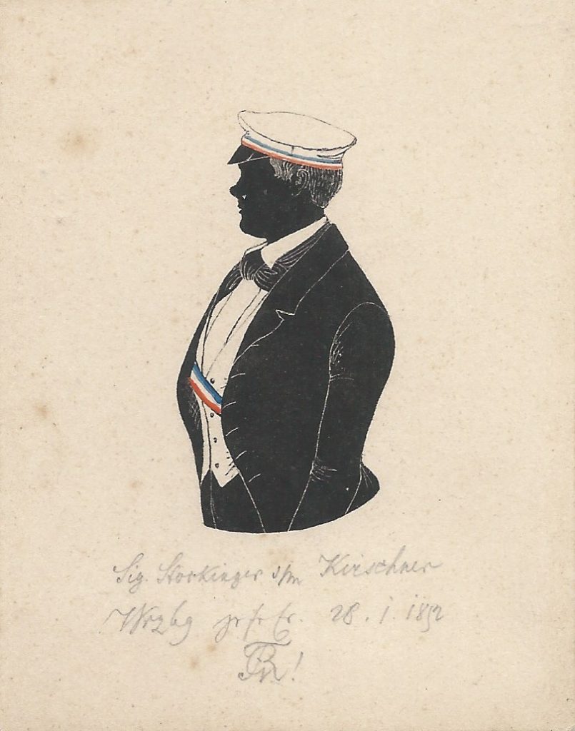 Sigmund Stockinger immatrikulierte sich als stud. iur. an der Universität Würzburg und trat in die Rhenania ein. 1850 wurde er in diese recipiert. Er starb als cand. iur. 1860 in Frankenthal. Die Silhouette ist gewidmet "Sig. Stockinger s/m Kirschner - Wrzbrg zrfrEr. 28. 1. 1852 - [Z!]". Ehemals Sammlung Robert Soppa Saxoniae Konstanz
