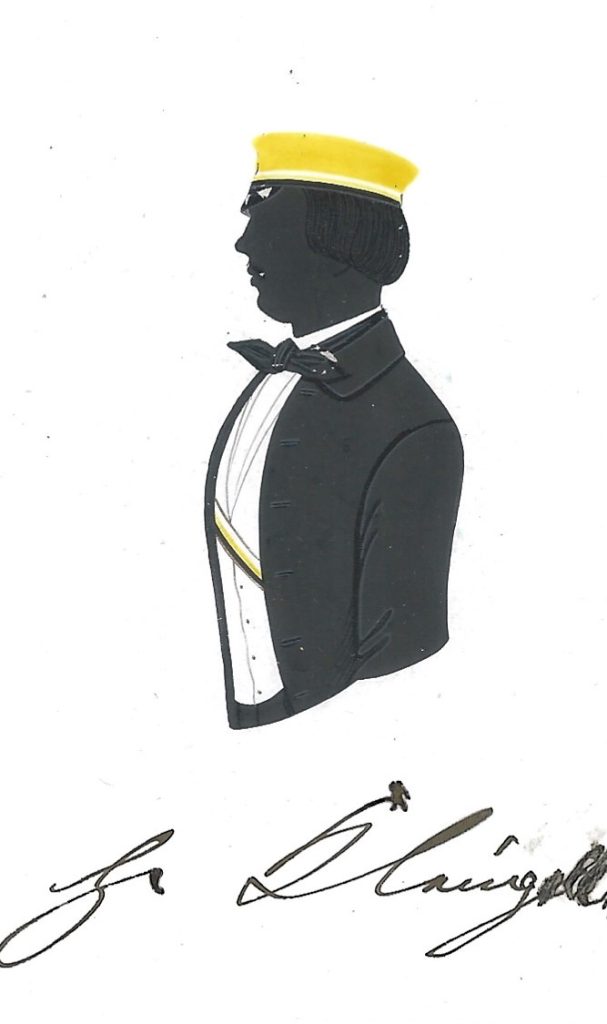 Wilhelm Herrmann Kleinpell kam am 5. Juni 1833 in Buchen als Sohn des Philipp Jakob Kleinpell und dessen Ehefrau Maria Josepha geb. Herth zur Welt. Er wurde am 14. Juni getauft und immatrikulierte sich nach dem Abitur am 29. Oktober 1853 als stud. iur. in Heidelberg. Dort trat Kleinpell mit seinem am selben Tag wie er immatrikulierten zwei Jahre jüngeren Bruder in die Suevia ein, in die beide im folgenden Jahr recipiert wurden. Später trat er in die Armee ein und wurde Premierleutnant. 1864 lebte Kleinpell ledig in Mannheim und starb bereits 1870 in Illenau. Die Silhouette ist nicht gewidmet, aber beschriftet mit "H Kleinpell". Sammlung Robert Soppa Saxoniae Konstanz