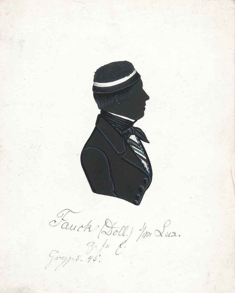 Ferdinand Julius Hermann Fauck wurde etwa 1822 in Köslin geboren. Seine Eltern waren Georg Gottlieb Theodor Fauck und dessen Ehefrau Marie Caroline Sophie Zuehlke. Nach dem Abitur immatrikulierte er sich für evangelische Theologie Michaelis 1840 an der Universität Halle, wo er sich der in diesem Jahr rekonstituierten Guestphalia anschloss, in die er im folgenden rezipiert wurde und wo er einmal Drittchargierter war. 1842 wechselte er an die Universität Greifswald und wurde abermals bei Borussia aktiv, wo er sich als Senior auszeichnete. Er wurde Pastor und stieg bis zum Superintendenten auf. Er starb am 23. April 1896 in Obernigk (Schlesien). Silhouette gewidmet „Fauck (Doll.) s/m Lux. – z. fr. E. – Gryps. 45.“ Sammlung Dr. Rolf Caselitz Hubertiae München, Starkenburgiae, Saxoniae Leipzig, Brunsvigae, Borussiae Greifswald