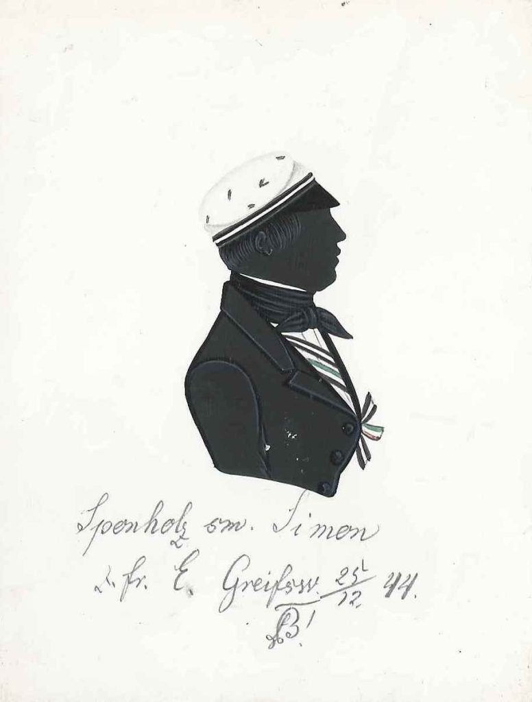 Friedrich Helmut Julius Sponholz wurde am 22. Dezember 1817 in Neubrandenburg als Sohn des Subrektors Friedrich Theodor Sponholz und dessen Ehefrau Eleonore Rudolphi geboren und am 5. Januar 1818 evangelisch getauft. Nach dem Abitur immatrikulierte er sich Michaelis 1839 an der Universität Halle und gehörte dort 1840 zu den Mitstiftern der Guestphalia. Er war der erste Consenior. Im folgenden Jahr wechselte er an die Universität Greifswald und wurde im Stiftungsjahr der Borussia bei dieser nochmals aktiv. Einmal war er Consenior und einmal Senior. Schließlich beteiligte er sich auch an der Rekonstitution der Vandalia in Rostock, der er 1843 beitrat und wo er einmal Consenior war. Nach dem Studium wurde er Lehrer und heiratete am 29. Juli 1859 in Sadelkow (Mecklenburg) Emma Caroline Auguste Leffmann. Zu diesem Zeitpunkt war er schon Rektor an der Stadtschule in Fürstenberg (Mecklenburg). Er starb als solcher ebendort am 16. Juni 1868 an der Schwindsucht. Silhouette gewidmet „Sponholz sm. Simon – z. fr. E. Greifsw. 25/12 44. – [Z!]“ Kölner Privatsammlung