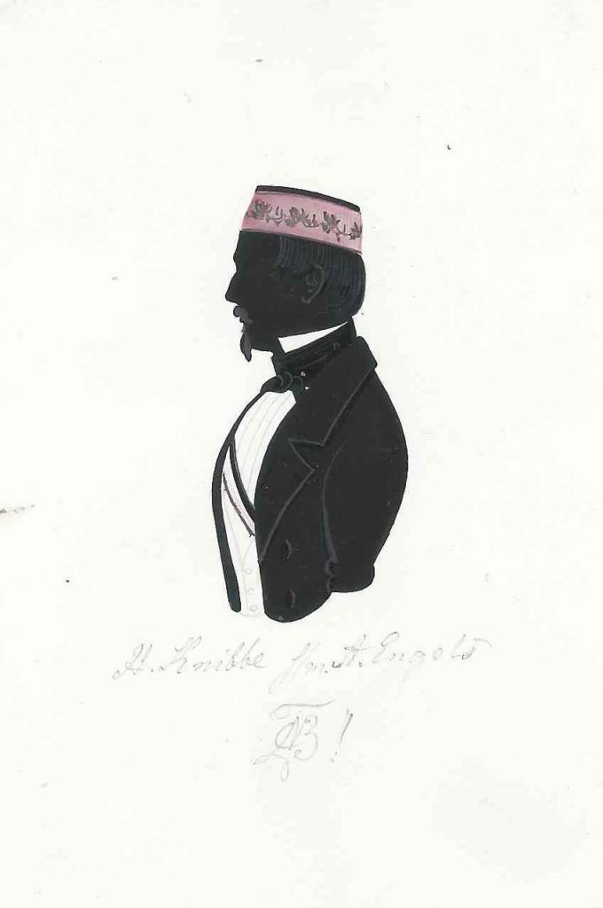 Carl Hermann Knibbe wurde am 16. April 1824 in Torgau als Sohn des Apothekers Johann Gottlieb Knibbe geboren. Er immatrikulierte sich Ostern 1846 als stud. phil. an der Universität Berlin und trat in die Neoborussia ein, in die er noch im selben Jahr rezipiert wurde. Am 22. Juni 1860 heiratete er in Fürstenwalde Laura Meta Roslie Elisabeth Brüming und war schließlich als Bergrat in Bochum tätig, wo er 1886 verstarb. Silhouette gewidmet „H. Knibbe s/m. A. Engels [Z!]“ Kölner Privatsammlung