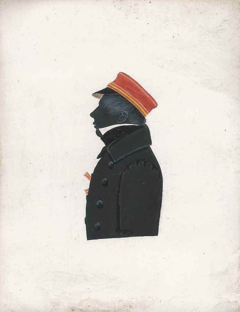Eine Identifizierung durch Auffinden eines Vergleichsstücks steht noch aus. Durch den Zusammenhang mit anderen Silhouetten datiert diese aus der Zeit 1830-1835. Sammlung Robert Soppa Saxoniae Konstanz