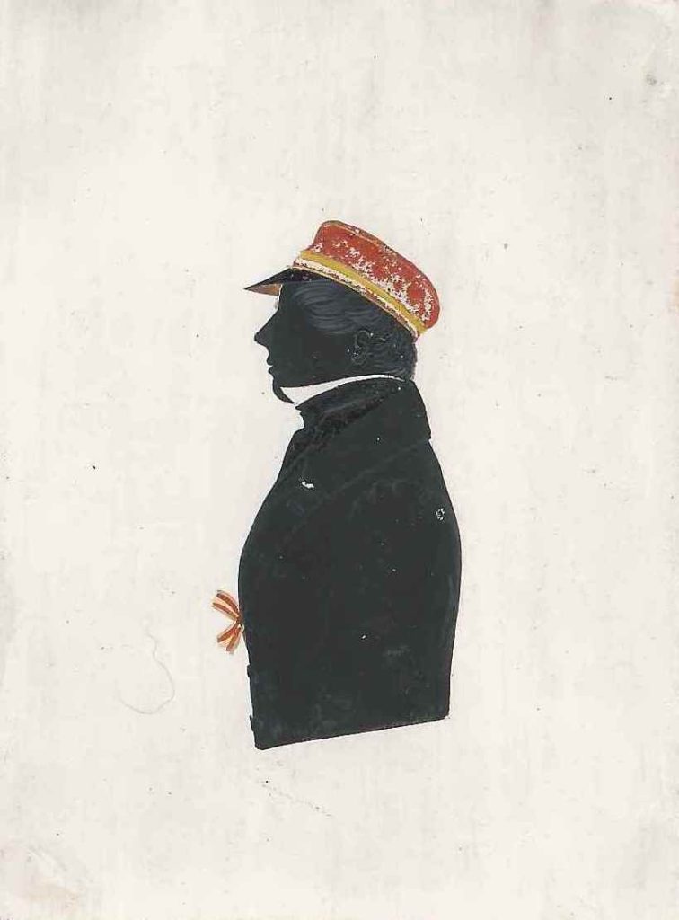 Eine Identifizierung durch Auffinden eines Vergleichsstücks steht noch aus. Durch den Zusammenhang mit anderen Silhouetten datiert diese aus der Zeit 1830-1835. Ehemals Sammlung Robert Soppa Saxoniae Konstanz