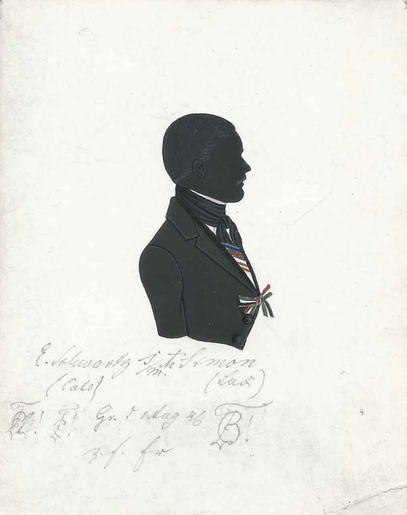 Ernst Louis Schwartz kam am 30. Oktober 1822 als Sohn des praktischen Artzes Johann August Ludwig Schwartz und dessen Ehefrau Johanne Christiane Erdmuthe Strenzel in Lübben zur Welt und wurde daselbst am 1. November evangelisch getauft. Nach dem Abitur immatrikulierte er sich Michaelis 1844 als stud. med. in Greifswald, wo er sich der Silesia anschloss. Dass er nicht in den Kösener Corpslisten zu finden ist, heißt nicht, dass er ausgeschieden sein muss, da die Liste der Silesia für einen Zeitraum von neun Jahren nur zehn Namen umfasst. Nach dem Studium und erfolgter Promotion Die Silhouette ist gewidmet "E. Schwartz [Z!] [Z!] s/m ln Simon (Lux) [Z!] - Gr. d. 1 Aug 46 - z. f. Er." Kölner Privatsammlung